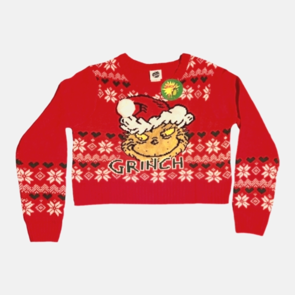 New Dr Suess The Grinch Ugly Christmas Crop Sweater Red w/White Pom Pom Sz Large